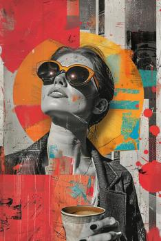 A woman with a cup of coffee and sunglasses